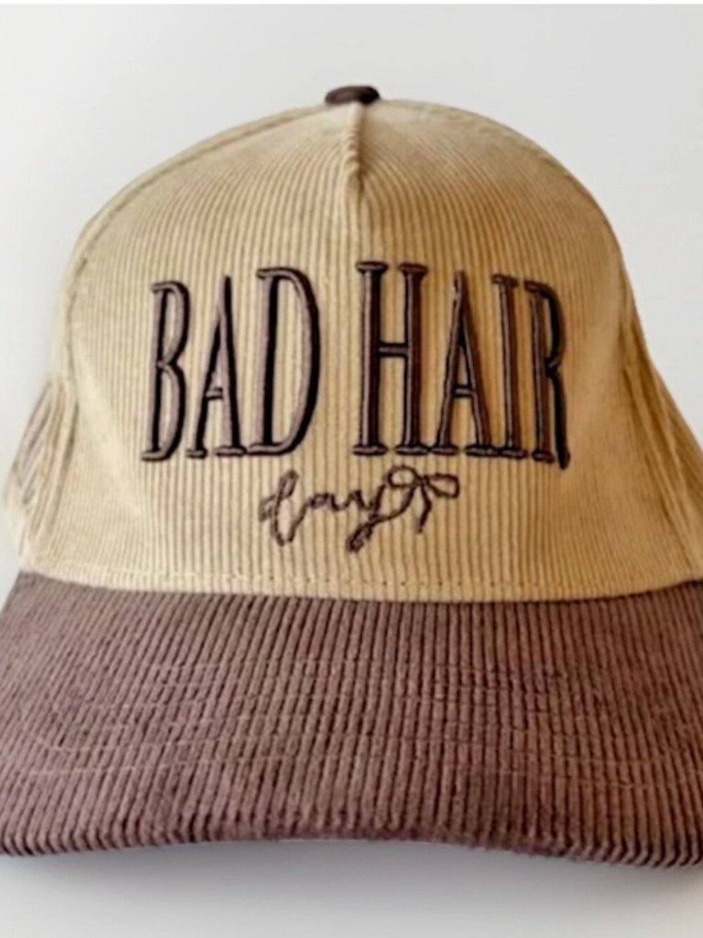 🧢 Kaxi Co “Bad Hair Day” Trucker Hat – Beige & Light Brown